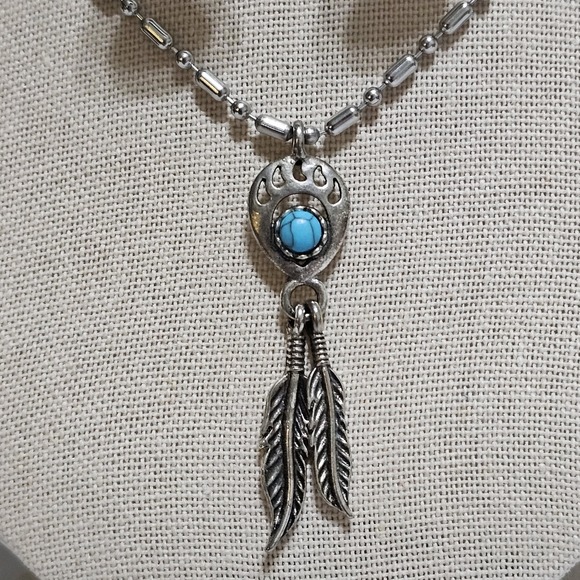 Navajo Indian Sterling Silver & Turquoise Bear Paw Dangle Earrings & Pendant - Picture 3 of 11